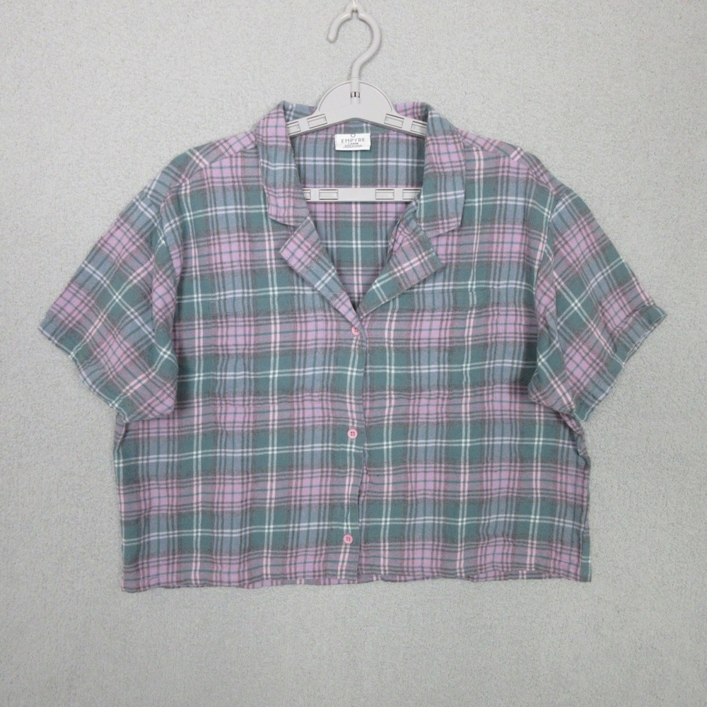 EMPYRE Womens Flannel Shirt Plaid Short Sleeve Button Up Green Pink Size Large